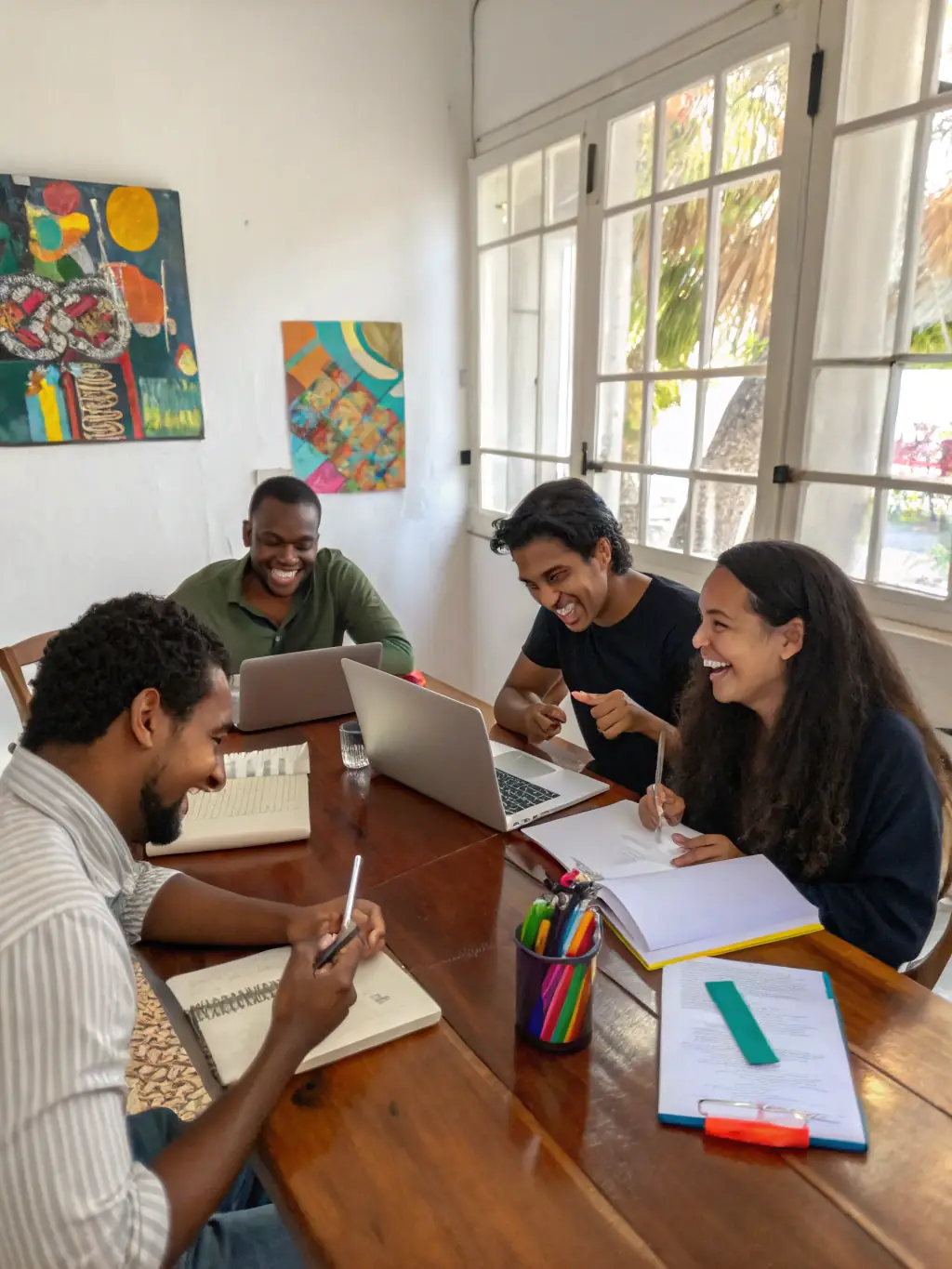 A dynamic photo of a literary workshop in progress, with participants actively involved in writing exercises and discussions, emphasizing the interactive nature of the workshop.